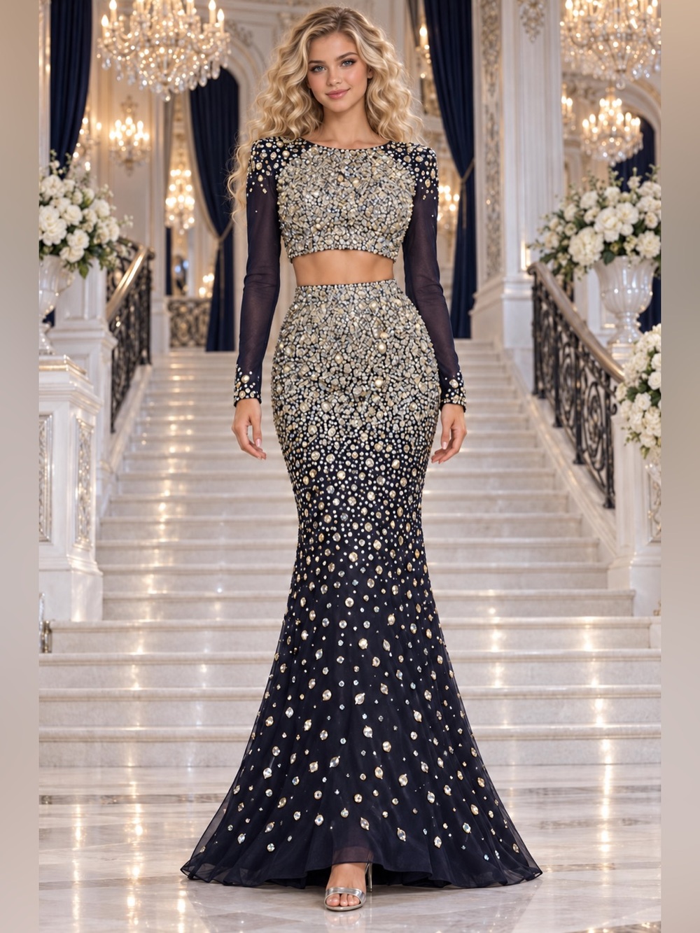 NWT Jasz Couture 6217 Navy Beaded Two Piece Prom Military Gala Formal Gown Sz 10